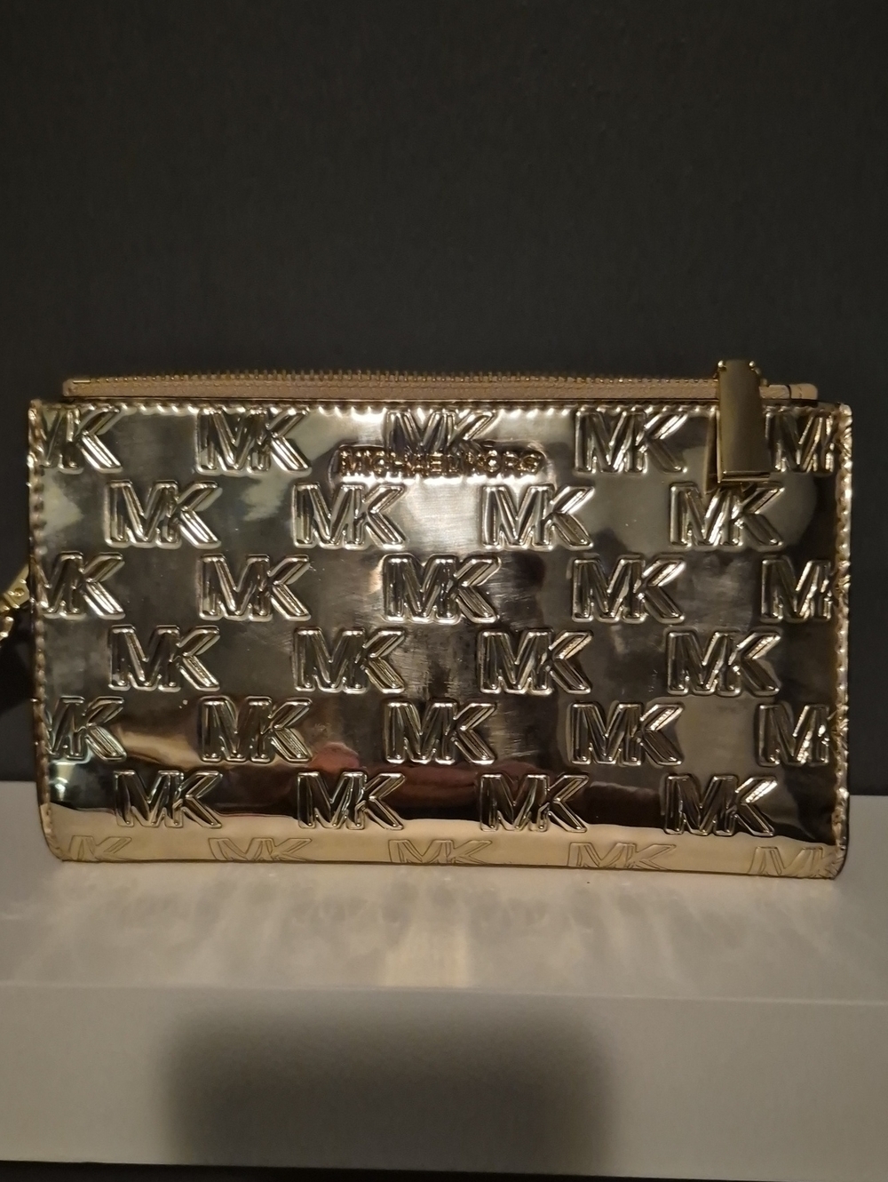 Michael Kors Shiny Gold Embossed MK Wristlet Clutch